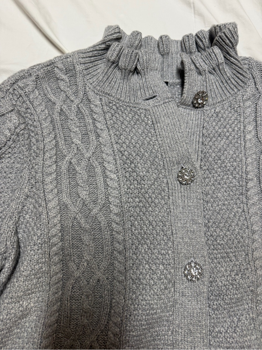 Talbots Light Gray Cable-Knit Ruffle Neck Cardigan - Picture 3 of 5